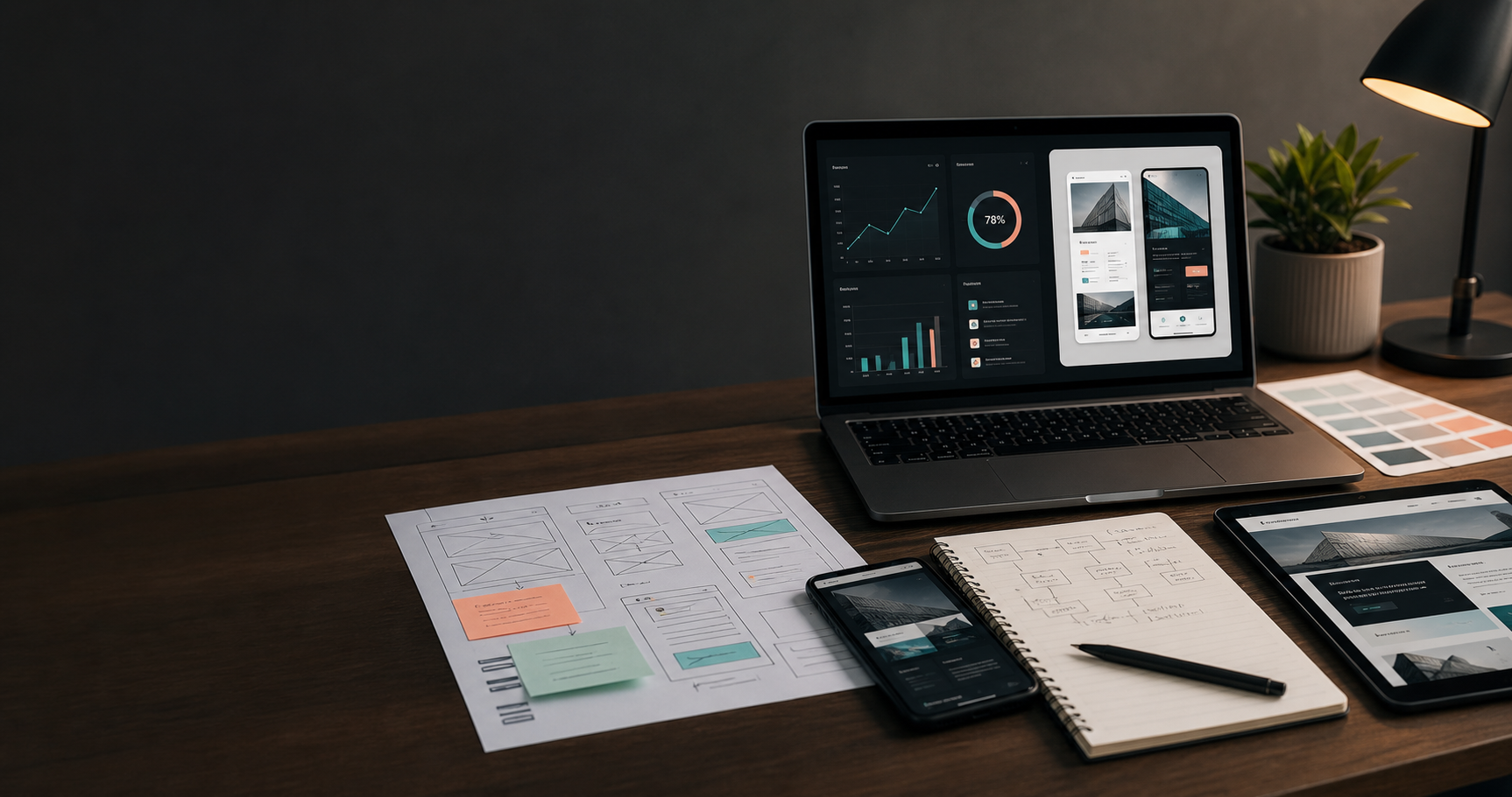 Modern workspace with digital marketing and business support materials